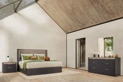 Mor Furniture Bedroom Sets|Amy Upholstered Panel Bed, Dresser, Mirror & Nightstand In Dark Oak, Queen