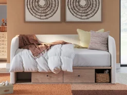 Mor Furniture Storage Beds|Beds|Arloster Upholstered Daybed W/ Storage Trundle In Tan/White, Twin