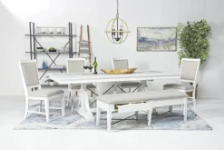 Mor Furniture Seating For 6|Dining Room Sets|Bay Creek Extendable Dining Table, 4 V-Back Chairs & High Back Bench In Graphite