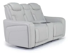 Mor Furniture Reclining Loveseats|Loveseats|Bowden 2 Power Console Loveseat W/ Cooler In Blanca Light Gray Leather