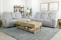 Mor Furniture Reclining Loveseats|Loveseats|Bowden 2 Power Console Loveseat W/ Cooler In Blanca Light Gray Leather