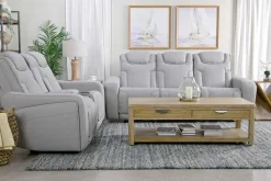 Mor Furniture Reclining Loveseats|Loveseats|Bowden 2 Power Console Loveseat W/ Cooler In Blanca Light Gray Leather