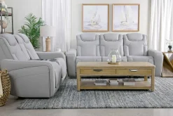 Mor Furniture Reclining Loveseats|Loveseats|Bowden 2 Power Console Loveseat W/ Cooler In Blanca Light Gray Leather