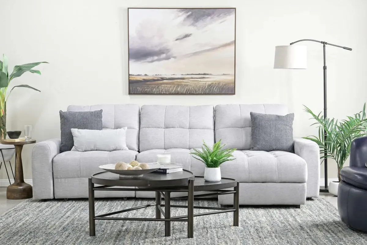 Mor Furniture Sofas|Bryce Power Slider Sofa Storage Chaise In Savannah Coin, Left Facing