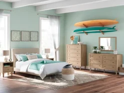 Mor Furniture Bedroom Sets|Cielden Upholstered Bed, Dresser, Mirror, 2 Nightstands & Chest In Tan, Full