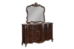 Mor Furniture Bedroom Sets|Constantine Upholstered Bed, Dresser, Mirror & Nightstand In Cherry, Queen
