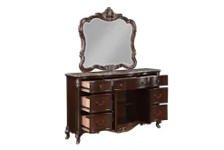 Mor Furniture Bedroom Sets|Constantine Upholstered Bed, Dresser, Mirror & Nightstand In Cherry, Queen