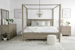 Mor Furniture Bedroom Sets|Country Side Canopy Bed, Dresser, Mirror & 2 Drawer Nightstand In Brown, Queen