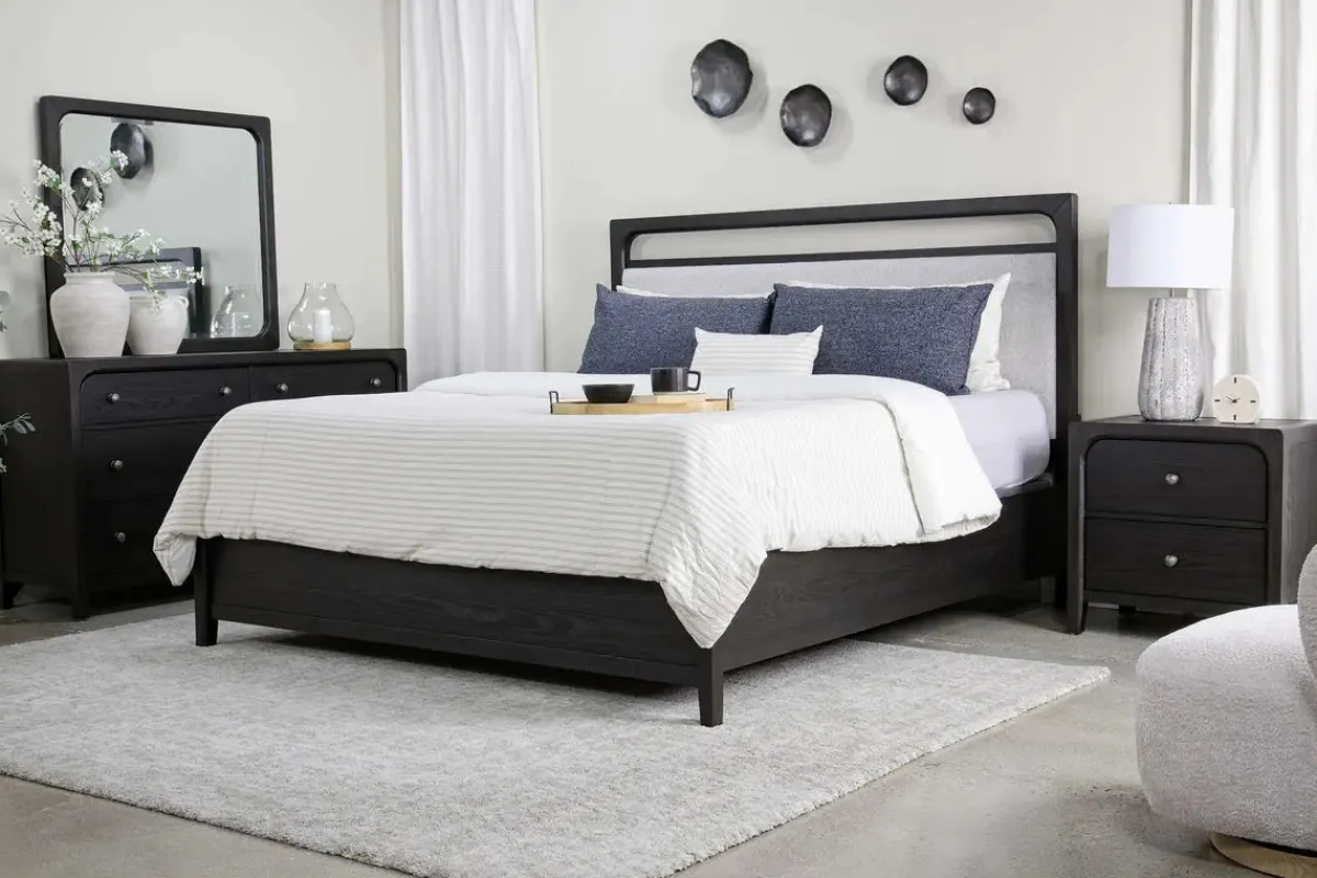 Mor Furniture Bedroom Sets|Easton Upholstered Bed, Dresser, Mirror & Nightstand In , Ca King Natural