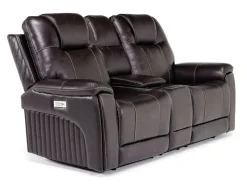 Mor Furniture Reclining Loveseats|Immersive Sound Sofas|Echo 3 Power Console Loveseat In Rainier Walnut Leather