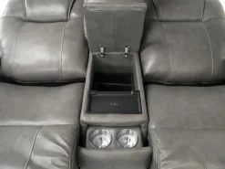 Mor Furniture Reclining Loveseats|Immersive Sound Sofas|Echo 3 Power Console Loveseat In Rainier Walnut Leather