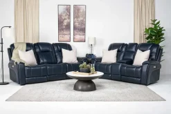 Mor Furniture Reclining Loveseats|Immersive Sound Sofas|Echo 3 Power Console Loveseat In Rainier Walnut Leather