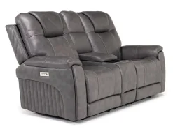 Mor Furniture Reclining Loveseats|Immersive Sound Sofas|Echo 3 Power Console Loveseat In Rainier Walnut Leather