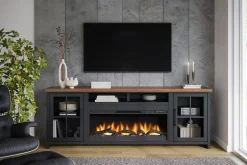 Mor Furniture Fireplace Tv Stands|Fireplaces|Eloise Fireplace Console In Black & Whiskey, 96 Inch