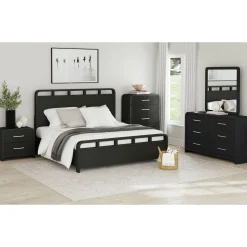 Mor Furniture Bedroom Sets|Emberly Panel Bed, Dresser, Mirror & Nightstand In Black, Twin