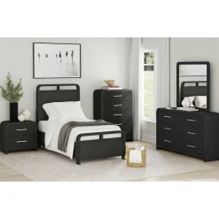 Mor Furniture Bedroom Sets|Emberly Panel Bed, Dresser, Mirror & Nightstand In Black, Twin