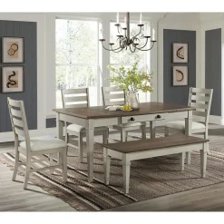 Mor Furniture Seating For 6|Dining Room Sets|Farmington Dining Table, 4 Chairs & Bench In Medium Brown/Washed Stone