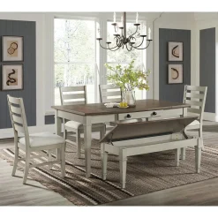 Mor Furniture Seating For 6|Dining Room Sets|Farmington Dining Table, 4 Chairs & Bench In Medium Brown/Washed Stone
