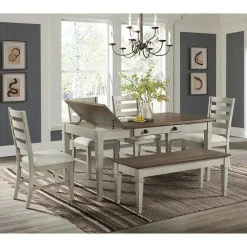 Mor Furniture Seating For 6|Dining Room Sets|Farmington Dining Table, 4 Chairs & Bench In Medium Brown/Washed Stone