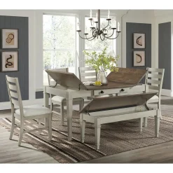 Mor Furniture Seating For 6|Dining Room Sets|Farmington Dining Table, 4 Chairs & Bench In Medium Brown/Washed Stone
