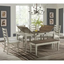Mor Furniture Seating For 6|Dining Room Sets|Farmington Dining Table, 4 Chairs & Bench In Medium Brown/Washed Stone