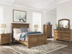 Mor Furniture Bedroom Sets|Feddinger Panel Bed, Dresser, Mirror & Nightstand In Medium Brown, Queen