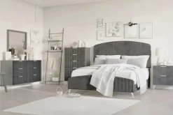 Mor Furniture Bedroom Sets|Kailani Upholstered Panel Bed, Dresser, Mirror & Nightstand In Black, Queen