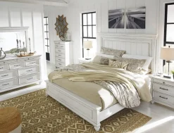 Mor Furniture Bedroom Sets|Kanwyn Panel Bed, Dresser, Mirror & Nightstand In White Wash, Queen