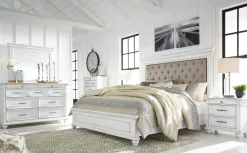 Mor Furniture Bedroom Sets|Kanwyn Upholstered Panel Bed, Dresser, Mirror & Nightstand In White Wash, Queen