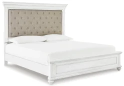 Mor Furniture Bedroom Sets|Kanwyn Upholstered Panel Bed, Dresser, Mirror & Nightstand In White Wash, Queen