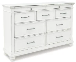 Mor Furniture Bedroom Sets|Kanwyn Upholstered Panel Bed, Dresser, Mirror & Nightstand In White Wash, Queen