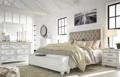 Mor Furniture Bedroom Sets|Kanwyn Upholstered Panel Bed W/ Storage, Dresser, Mirror & Nightstand In White Wash, Queen