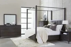Mor Furniture Beds|Lucerne Upholstered Canopy Bed In Vintage Coffee, Queen