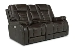Mor Furniture Reclining Loveseats|Loveseats|Malibu 3 Power Console Loveseat W/ Wireless Charger In Leather Chocolate