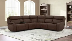 Mor Furniture Reclining Sectionals|Sectionals|Max 6 Piece 2 Power Sectional W/ 2 Power Armless Recliner In Aline Timber Leather