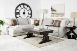 Mor Furniture Sectionals|Mayflower 6 Piece 2 Power Chaise Sectional W/ Audio Console In Ashland Sand, Left Facing