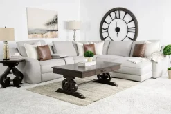 Mor Furniture Sectionals|Mayflower 6 Piece 2 Power Chaise Sectional W/ Audio Console In Ashland Sand, Left Facing