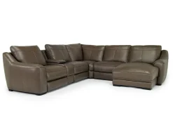 Mor Furniture Sectionals|Mayflower 6 Piece 2 Power Chaise Sectional W/ 2 Power Armless Recliner & Audio Console In Seville Umber Leather, Left Facing