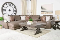 Mor Furniture Sectionals|Mayflower 6 Piece 2 Power Chaise Sectional W/ 2 Power Armless Recliner & Audio Console In Seville Umber Leather, Left Facing