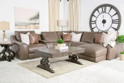 Mor Furniture Sectionals|Mayflower 6 Piece 2 Power Chaise Sectional W/ 2 Power Armless Recliner & Audio Console In Seville Umber Leather, Left Facing