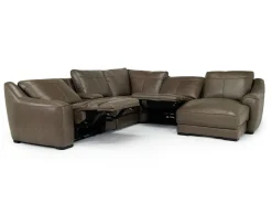 Mor Furniture Sectionals|Mayflower 6 Piece 2 Power Chaise Sectional W/ 2 Power Armless Recliner & Audio Console In Seville Umber Leather, Left Facing