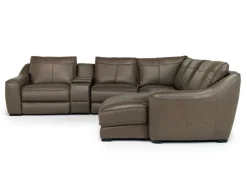 Mor Furniture Sectionals|Mayflower 6 Piece 2 Power Chaise Sectional W/ 2 Power Armless Recliner & Audio Console In Seville Umber Leather, Left Facing