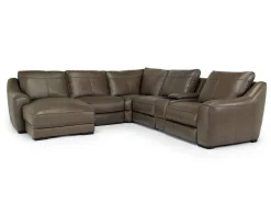 Mor Furniture Sectionals|Mayflower 6 Piece 2 Power Chaise Sectional W/ Audio Console In Seville Umber Leather, Left Facing