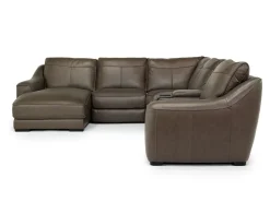 Mor Furniture Sectionals|Mayflower 6 Piece 2 Power Chaise Sectional W/ Audio Console In Seville Umber Leather, Left Facing