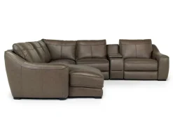 Mor Furniture Sectionals|Mayflower 6 Piece 2 Power Chaise Sectional W/ Audio Console In Seville Umber Leather, Left Facing