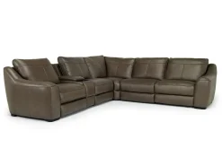 Mor Furniture Reclining Sectionals|Sectionals|Mayflower 6 Piece 2 Power Sectional W/ 2 Power Armless Recliner & Audio Console In Seville Umber Leather