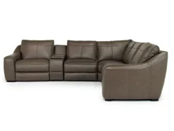 Mor Furniture Reclining Sectionals|Sectionals|Mayflower 6 Piece 2 Power Sectional W/ 2 Power Armless Recliner & Audio Console In Seville Umber Leather