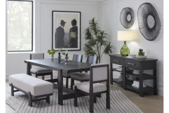Mor Furniture Seating For 6|Dining Room Sets|Shelby Trestle Dining Table, 4 Wood Back Chairs & Bench In Coffee Bean