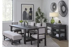 Mor Furniture Seating For 6|Dining Room Sets|Shelby Trestle Dining Table, 4 Wood Back Chairs & Bench In Coffee Bean
