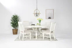 Mor Furniture Seating For 4|Round Dining Sets|Stone Round Dining Table & 4 Chairs In , Upholstered Slat White